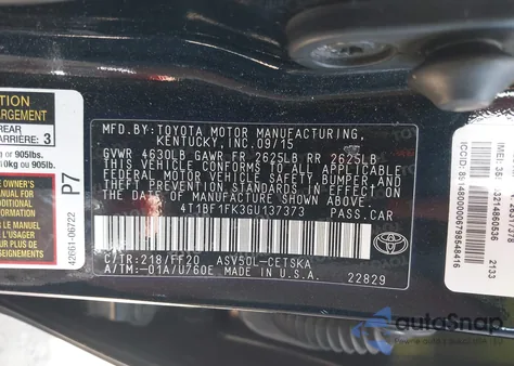 2016 Toyota Camry Se from USA, damaged, VIN 4T1BF1FK3GU137373
